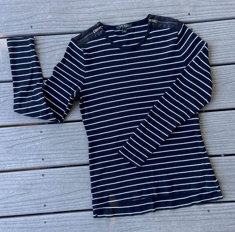 Vintage Y2K Lauren Ralph Lauren Womens Large Black White Stripe Zip Shoulder Top